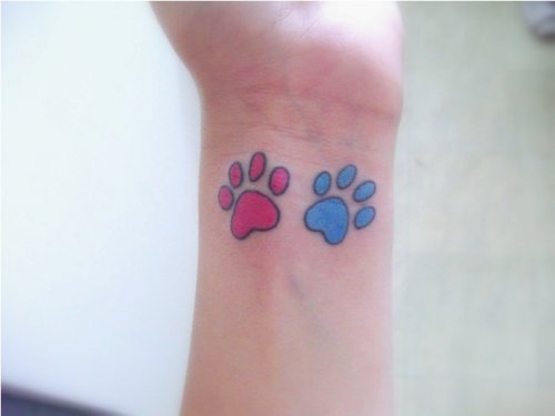 Pink And Blue Paw Tattoos On Wrist
