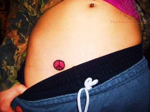 Red Peace Sign Tattoo On Hip
