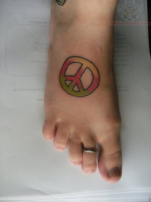 Colored Peace Tattoo On Foot