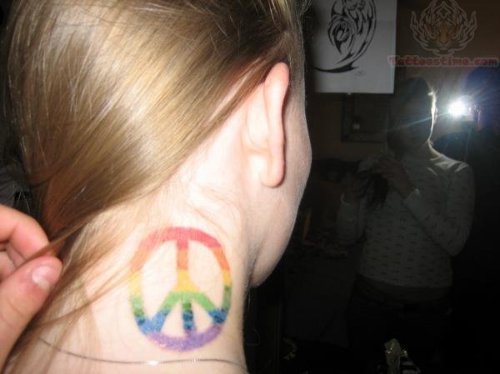 Color Peace Sign Tattoo on Girl Neck