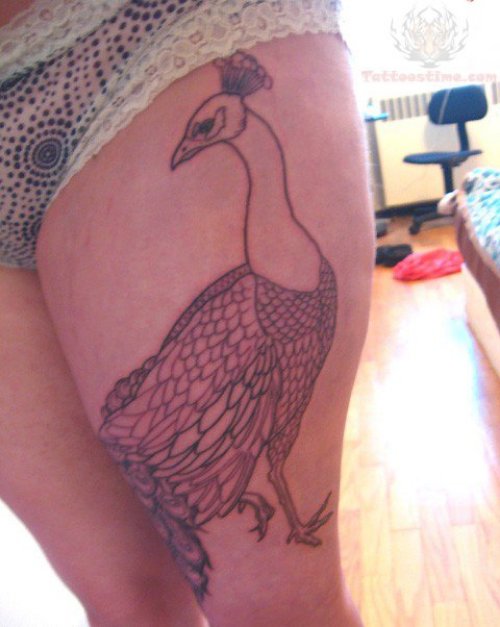 Peacock Tattoo On Girl On Thigh