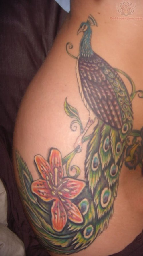 Peacock With Flower Tattoo On Side