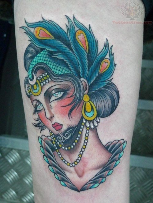 Peacock Girl Color Tattoo