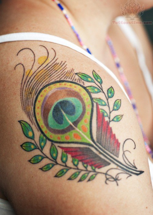 Green And Red Peacock Tattoo On Shoulder