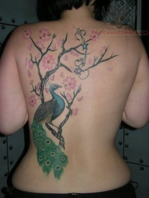 Peacock And Flower Tree Tattoo
