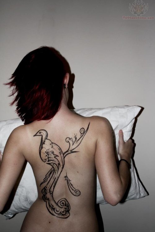 Outline Peacock Tattoo On Girl Back
