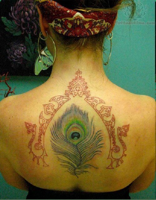 Asian Peacock Feather Tattoo On Back