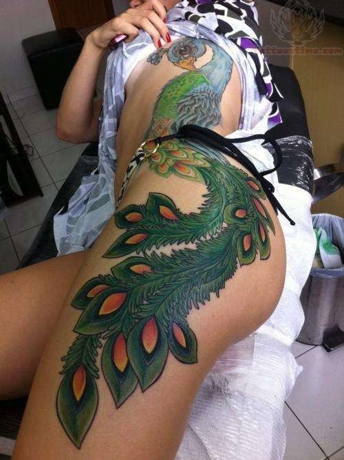 Side Rib Color Peacock Tattoo