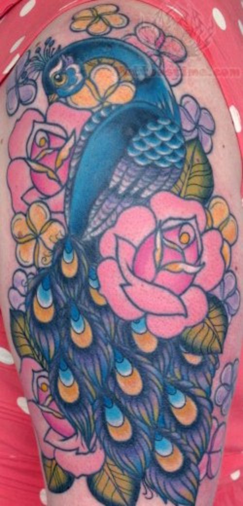 Flowers And Peacock Tattoo On Half Sleeve