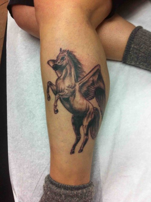 Best Grey Ink Pegasus Tattoo On Leg