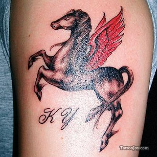 Grey Ink Pegasus Tattoo On Left Half Sleeve
