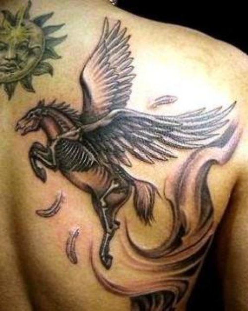 Grey Ink Pegasus Tattoo On Right Back Shoulder