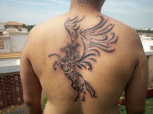 Grey Ink Tribal Pegasus Tattoo On Back Body