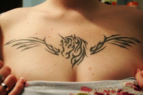 Black Ink Tribal Pegasus Tattoo On Chest