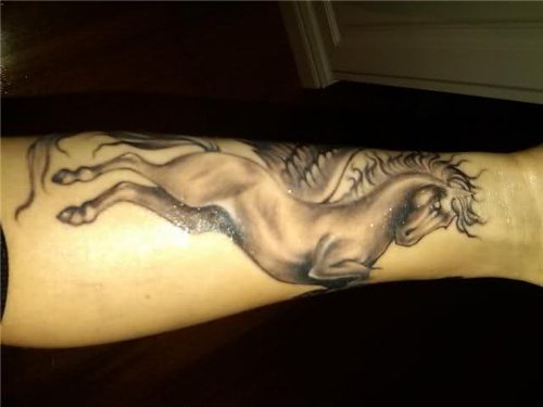 Attractive Grey Ink Pegasus Tattoo On Full Sleeve