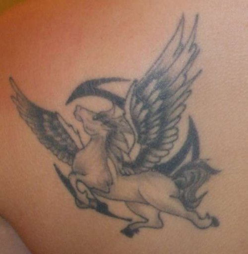 Black Ink Tribal And Pegasus Tattoo On Left Back Shoulder