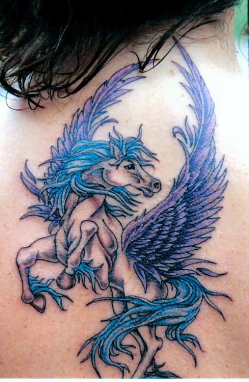 Blue Ink Pegasus Tattoo On Back