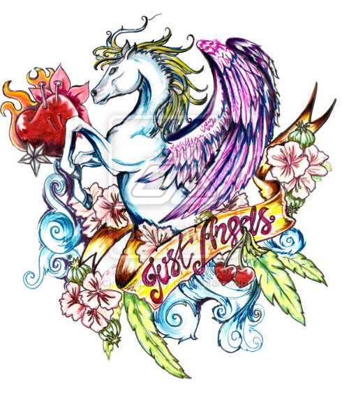 Awesome Colored Banner And Pegasus Tattoo Design