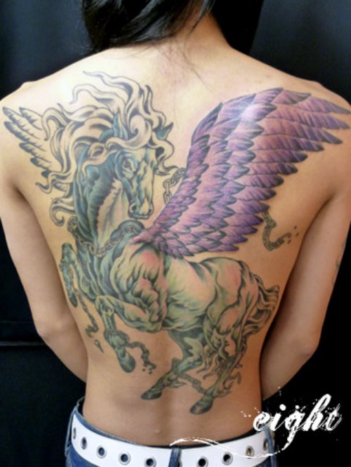Pegasus Tattoo On Girl Back Body