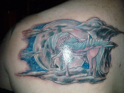 Awesome Pegasus Tattoo On Back Shoulder