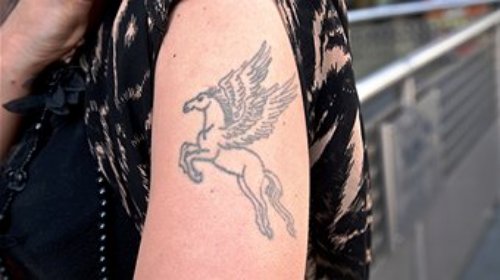Flying Outline Pegasus Tattoo On Bicep