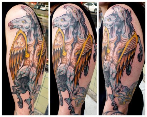 Colored Pegasus Tattoo On Left Sleeve