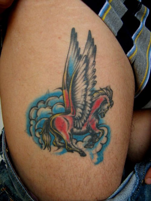 Colored Pegasus Tattoo on Right Thigh