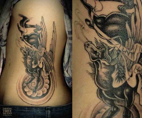 Wonderful Dark Ink Pegasus Tattoo On Side