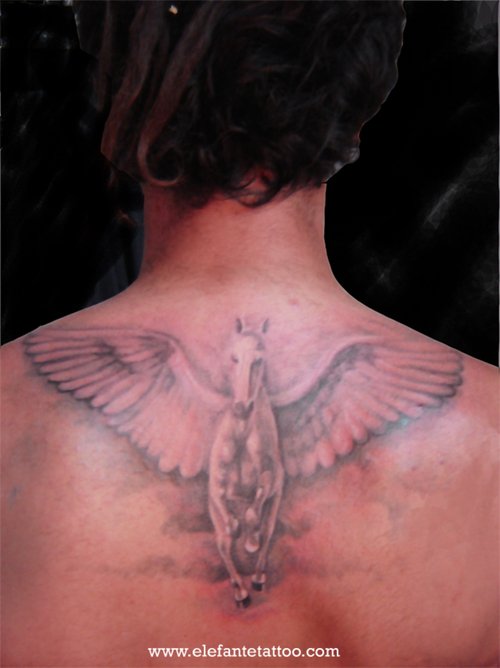 Grey Ink Pegasus Tattoo On Upperback