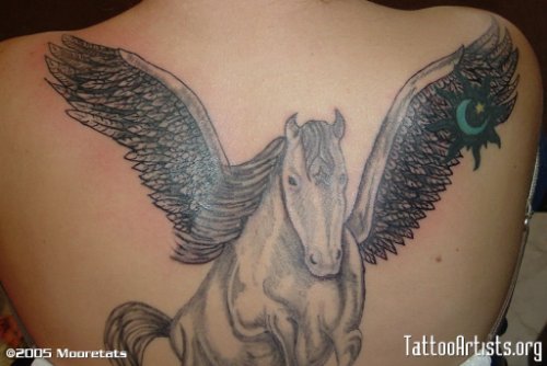 Best Grey Ink Pegasus Tattoo On Back Body