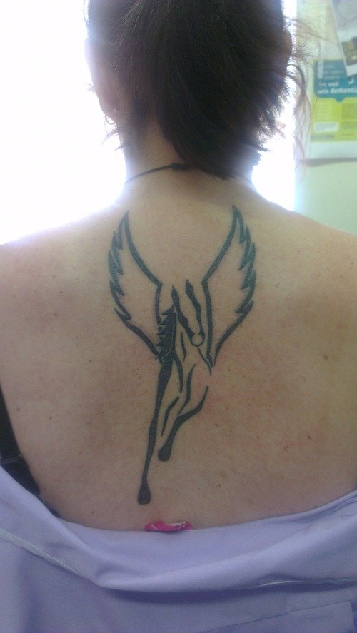 Outline Pegasus Tattoo On Upperback