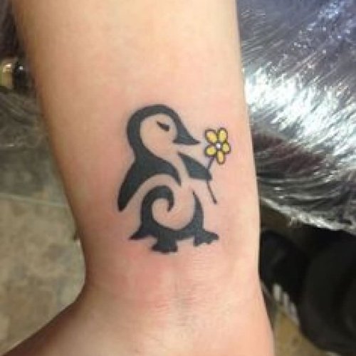 Tribal Penguin With Flower Tattoo
