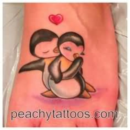 Dancing Love Couple Penguin Tattoo On Left Foot