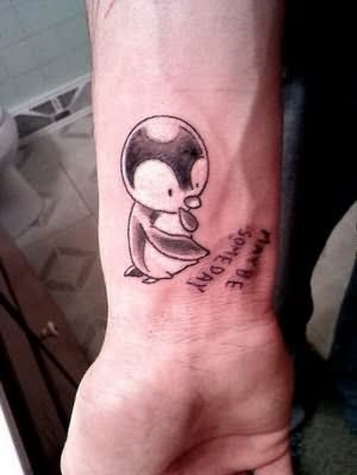 Right Wrist Grey Ink Penguin Tattoo