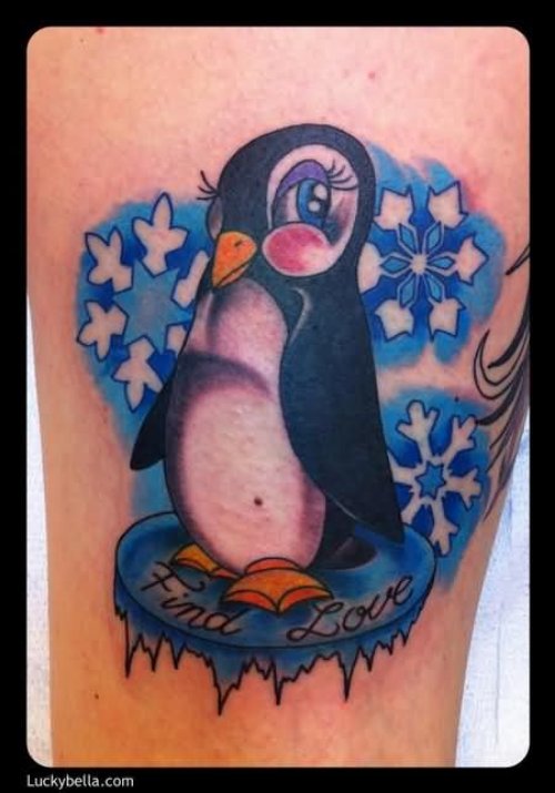 Color Ink Penguin Tattoo On Left Bicep