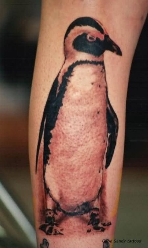 Grey Ink Penguin Tattoos On Leg Sleeve