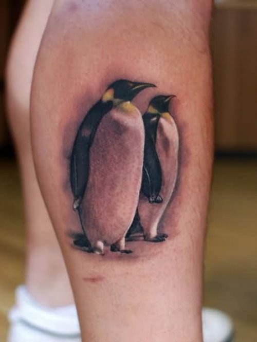Grey Penguin Tattoos On Right Leg