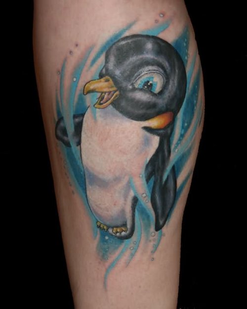 Black And Blue Penguin Tattoo on Leg