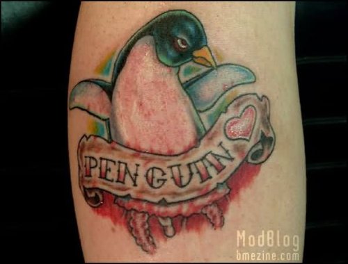 Penguin Banner Tattoo On Arm Sleeve