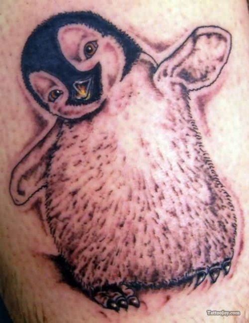 Grey Ink Happy Penguin Tattoo