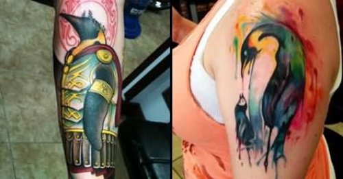 Color Ink Penguin Tattoo On Left Half Sleeve
