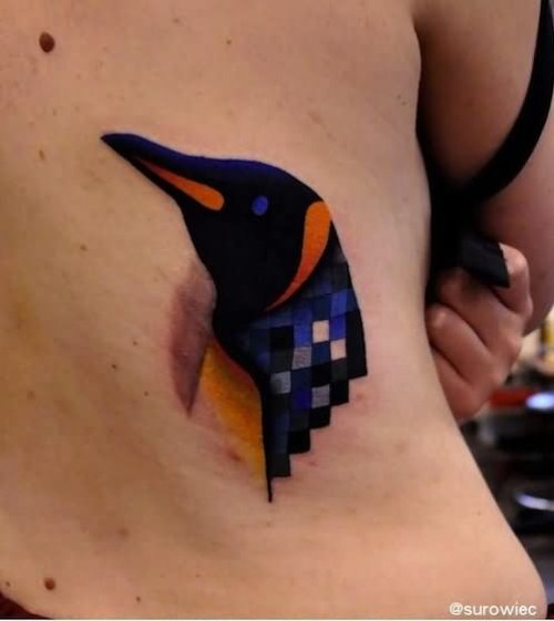 Animated Penguin Head Tattoo On Back