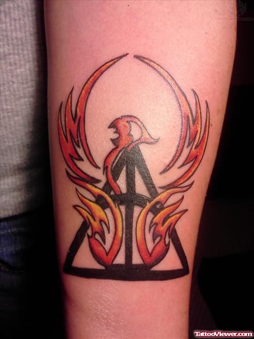 Tribal Color Ink Phoenix Tattoo On Forearm