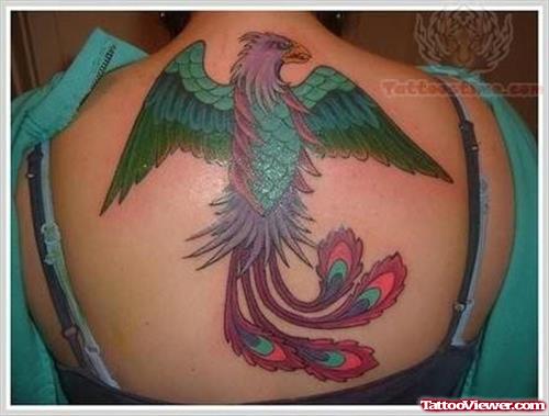 Shiny Phoenix Tattoo On Upper Back