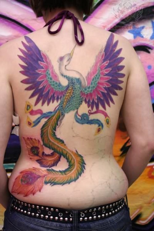 Colorful Phoenix Full Back Tattoo