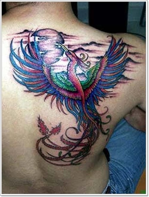 Color Ink Phoenix Tattoo On Right Back Shoulder