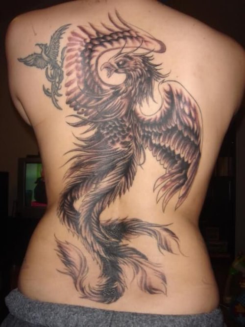 Awesome Grey Ink Phoenix Tattoo On Back Body
