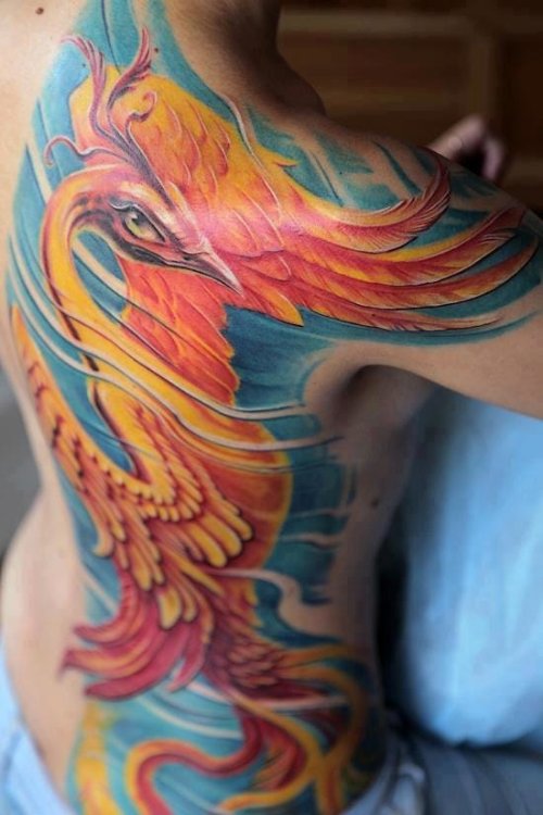 Back Body Colored Phoenix Tattoo