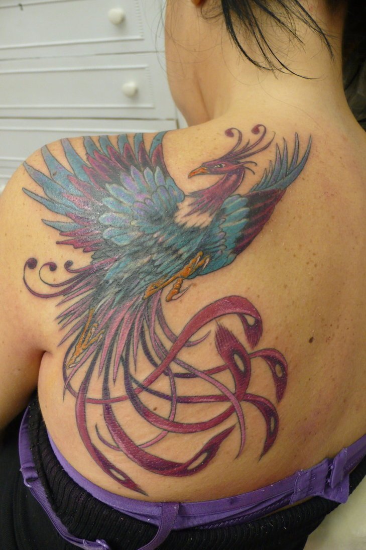Left Back Shoulder Colored Phoenix Tattoo Idea