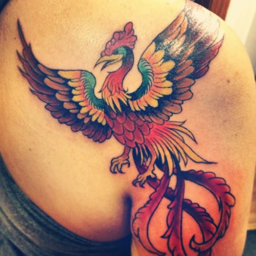 Right Back Shoulder Colored Phoenix Tattoo